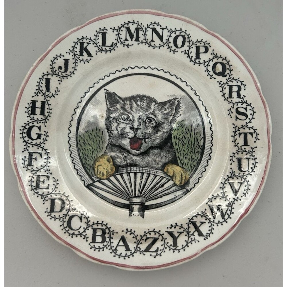 W. Adams & Co Childs ABC Ware Alphabet Plate Cat design Tunstail England Antique